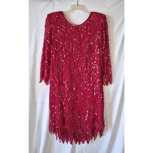 Vintage Carina Red 100% Pure Silk Sequin Dress XL Fringe Flapper Party Evening